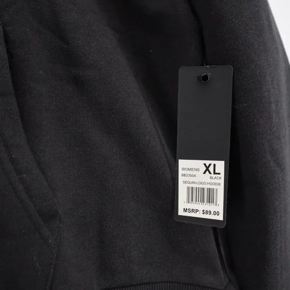 Bebe Womens Pullover Hoodie Sequin Logo Size XL Black Sweatshirt New - Picture 3 of 9